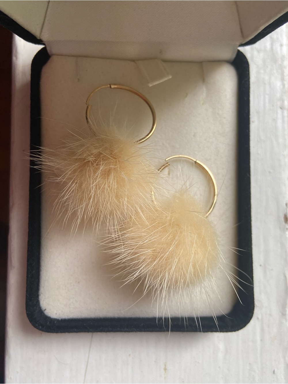 Gold Hoop Earrings with Beige Fur Pom-Poms - Women Jewelry